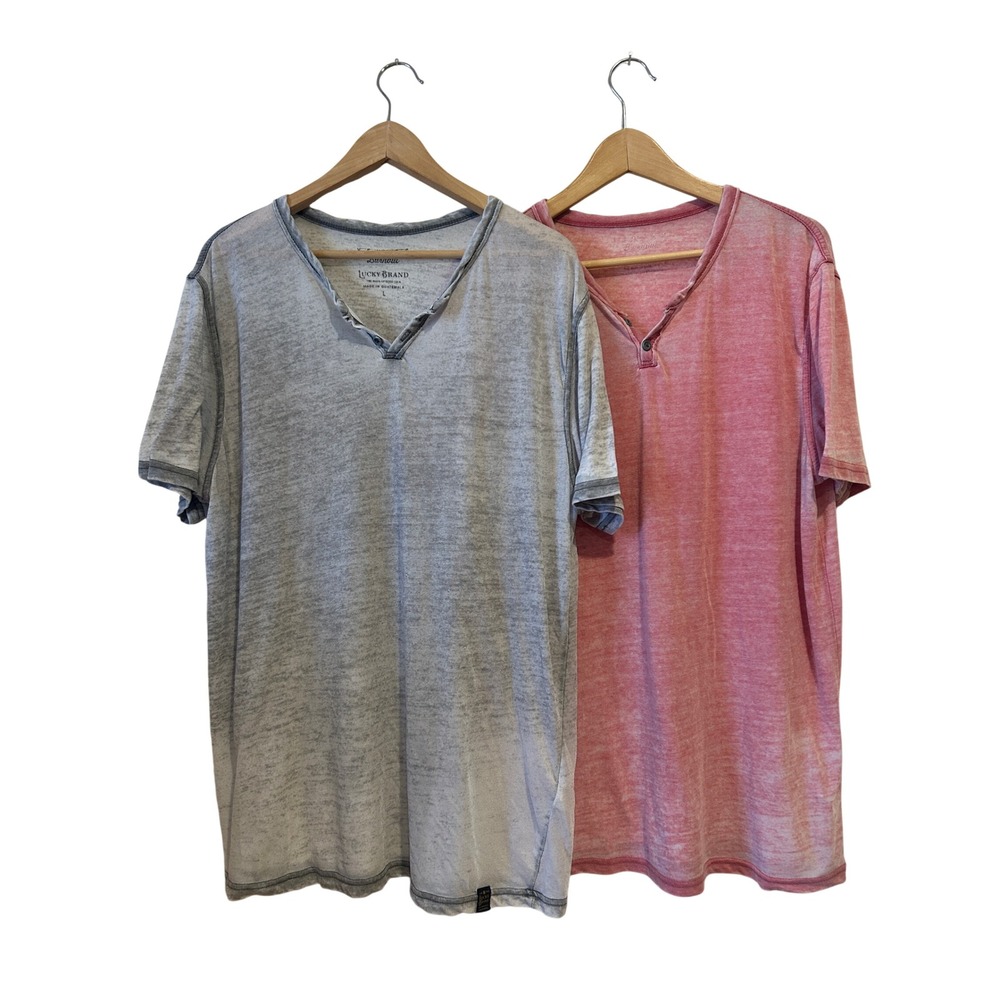 Lucky Brand Henley Shirts Size L Gray Red Venice Burnout Set of 2 Grunge Beach